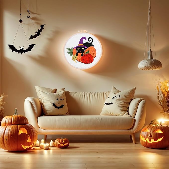 DCCQ Punch Needle Kits Adults Beginner，Cute Cartoon Pumpkin and Black Cat Pattern with Hoop Embroidery Punch Needle Starter Craft Set Easy for Adults，Children and Halloween Gifts，Decoration