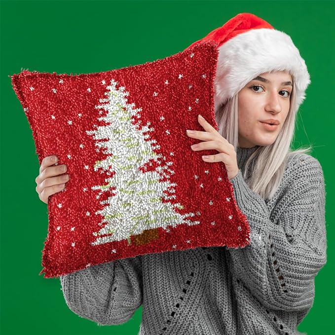 DL-YTG Latch Hook Kits Pillow Christmas Tree Crochet Yarn Cushion Colour Pre-Printed Canvas Rug Needlework DIY Pillowcase Hook and Latch Kit Home Arts Crafts Sofa Decoration 42x42cm/16X16inch
