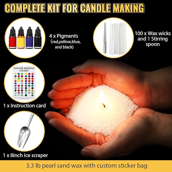 Conelist 11 lb Pearled Candle Sand DIY Candle Sand Wax with 100 Wicks Four Dye with Stirring Spoon Ice Scoop for Refillable Beaded Wax Sand All Natural Sand Candle Wax for Candle Making Family Daily