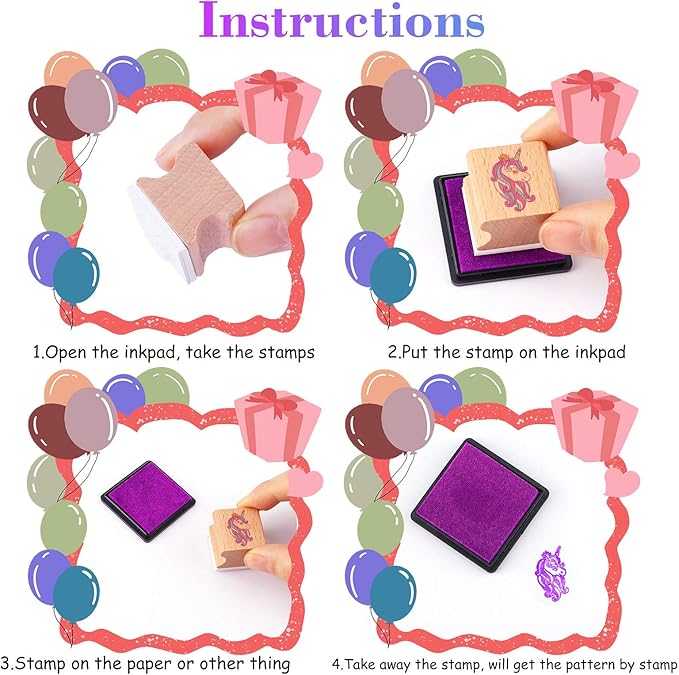 HOWAF 16pcs Wooden Stamps for Crafts - Mermaid, Princess, Heart, Butterfly Stamps with 4pcs Ink Pad - Unicorn, Rainbow, DIY Scrapbook Card Making, Party Bag Fillers, Gift Essentials for Kids