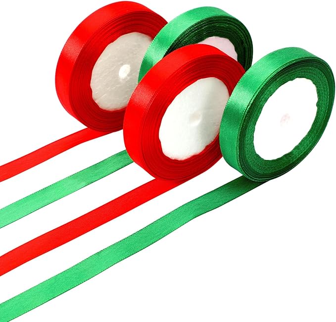 Christmas Ribbons, DECYOOL 4 Rolls 100 Yards Christmas Satin Ribbons 15mm Wide Holiday Craft Ribbons for Gift Wrapping and Xmas Decoration, Red & Green