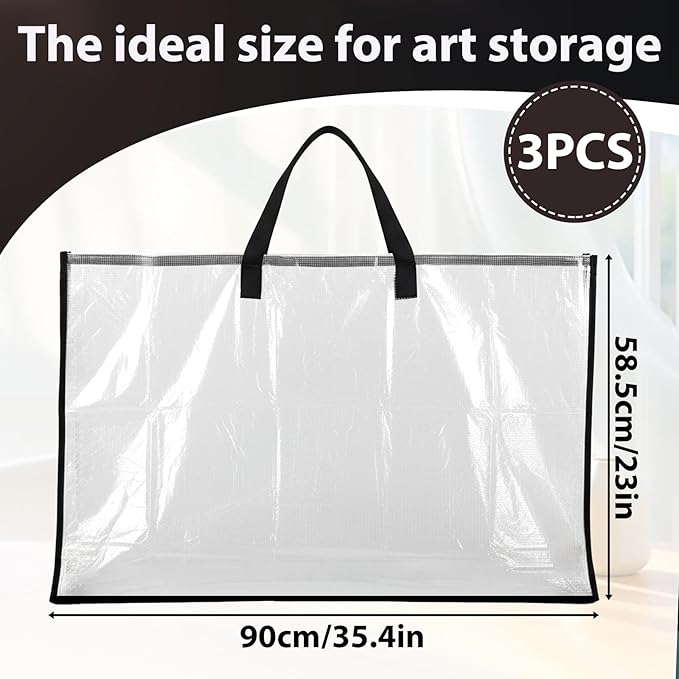 3 Pcs Art Portfolio Case, 23 x 35.4 Inch Transparent Poster Storage Bags with Zipper and Handle Large Portfolio Folder for Artwork, Painting, Poster, Test Paper for School, Home