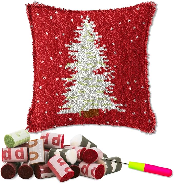 DL-YTG Latch Hook Kits Pillow Christmas Tree Crochet Yarn Cushion Colour Pre-Printed Canvas Rug Needlework DIY Pillowcase Hook and Latch Kit Home Arts Crafts Sofa Decoration 42x42cm/16X16inch
