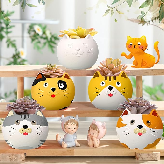 Pasimy 6 Set DIY Ceramic Succulent Planter Pots Paint Your Own Flower Pots Craft Kit Unpainted Bisque Paintable Flowerpot with Brush Palette Ready to Paint for Family Activity Gift(Cat)