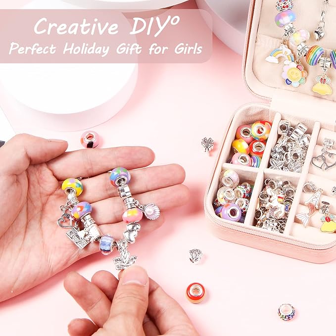 UFU Charm Bracelet Making Kit Girls Beads for Jewelry Making Kit, Unicorns Arts Crafts Gifts Set for Teen Girls Age 5 6 7 8-12, with a Portable Bracelet Organizer Box