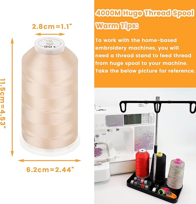New brothread - Single Huge Spool 4000M Each Polyester Embroidery Machine Thread 40WT for Commercial and Domestic Machines - Flesh
