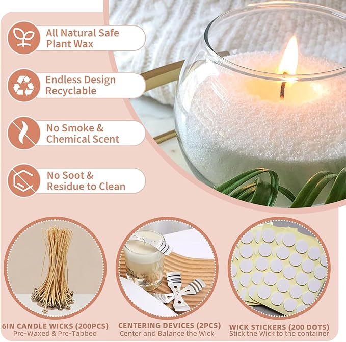 NICEME White Candle Sand with Wicks Pearled Candle Wax Beads, 26OZ/ 750g Customized Powder Candle Making Kit All Natural Granulated Wax for Candles Self Extinguish Refillable Candles with 30pcs Wicks