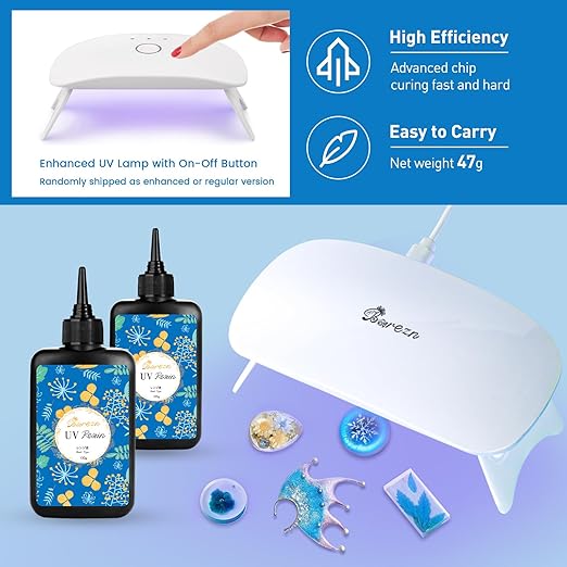 Bsrezn 200g UV Resin Kit with Light, Crystal Clear Solar Activated UV Epoxy Resin for Jewelry Making (100g x 2)