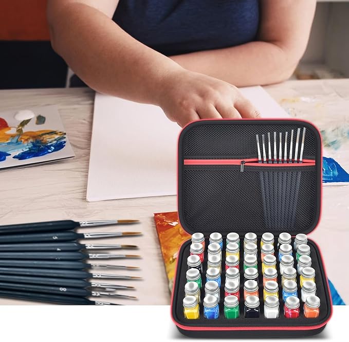 ALKOO Model Paint Storage Case for Testors Paint Set, Paints Organizer Carrying Bag Holds 42 Bottles with 9 Fine Detail Miniatures Brushes, Enamel Container, Drawing Ink Holder- Box Only (Black)