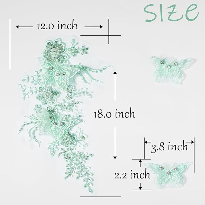 Flower Pearl Fabric Rhinestones Beaded Lace Applique,3D Butterfly Embroidered Lace Patch for Clothes,Dress (Green)