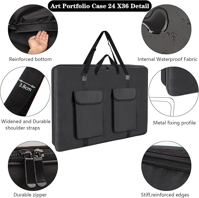 Hard Side Art Portfolio Case 24 X 36, Heavy Duty Art Carrying Bag With Metal Rigid Frame,Sturdy Fabric For Artwork,Photography,Canvas,Boards,Screen Monitors (Black)