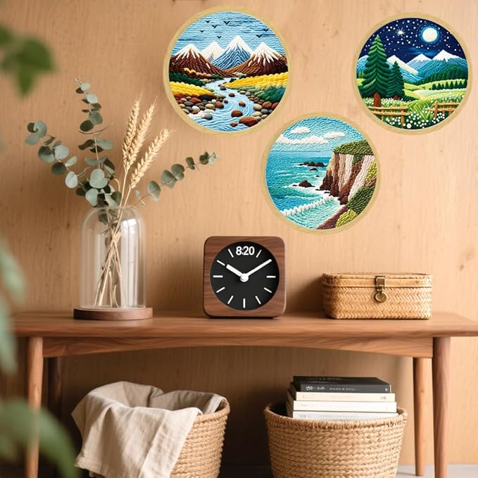 BEUNITONE 3PCS Mountain and River Punch Needle Kit for Adults Beginners, Complete Craft Kit Needlepoint Kits for Adults with Hoop, Punch Needle Starter Craft Set for Cloth Festival Gift and Home Decor