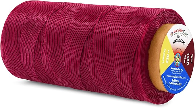 Mandala Crafts Burgundy Flat Waxed Thread for Leather Sewing - 273 Yds 150D 0.8mm Polyester Leather Thread String Waxed Cord for Leatherwork, Beading, Bookbinding, Hand Stitching