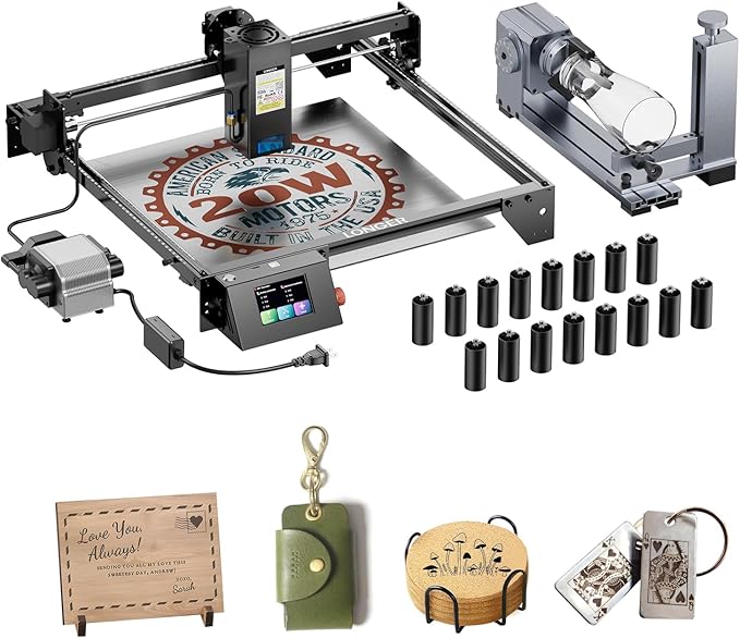 Longer RAY5 20W Laser Engraver with Air Assist Kit, 4-in-1 Rotary Roller, and 16 Pcs Raiser, Exclusive 3.5" Touch Screen for DIY, Cutting Tool for Metal Coloring, Acrylic, Wood, Glass, Leather.
