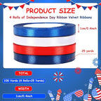 DECYOOL Patriotic Ribbons, 4 Rolls 100 Yards 4th of July Satin Ribbons 10mm Wide Red White Blue Independence Day Craft Ribbon for Gift Wrapping Patriotic Party Decorations