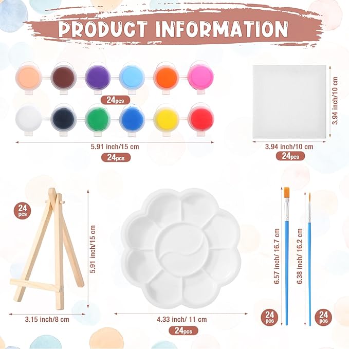 Qilery 24 Set 4 x 4 Inch Mini Canvas Panels and Easel Painting Kit, 12 Colors Acrylic Strips Palettes Brush, Art Set for Kids Oil Paint Crafts Birthday Party Favors