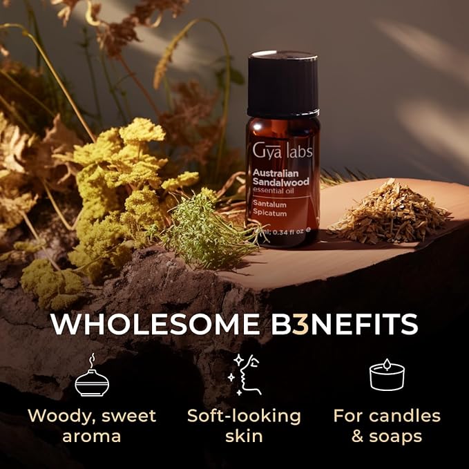 Gya Labs Australian Sandalwood Essential Oil - 0.34 Fl Oz - for Hair, Skin, Diffuser, Aromatherapy & DIY Candle Making Scent