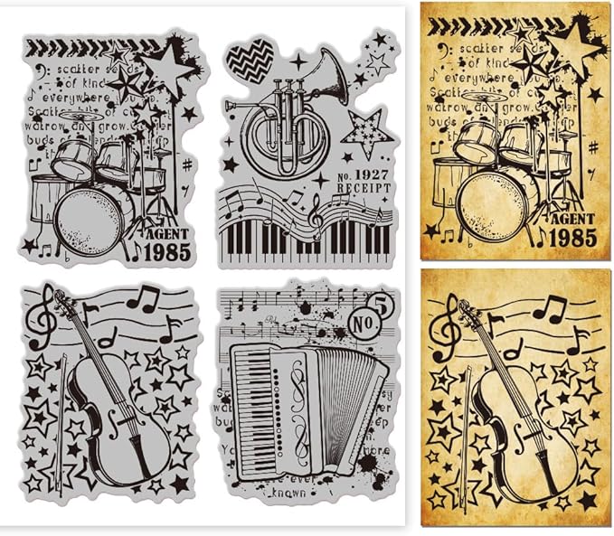 GLOBLELAND Vintage Music Background Cling Rubber Stamp Drum and Violin Musical Instrument 7x8.7inch Cling Stamps Embossing Stamp Seal for DIY Scrapbooking and Card Making Paper Craft Decor