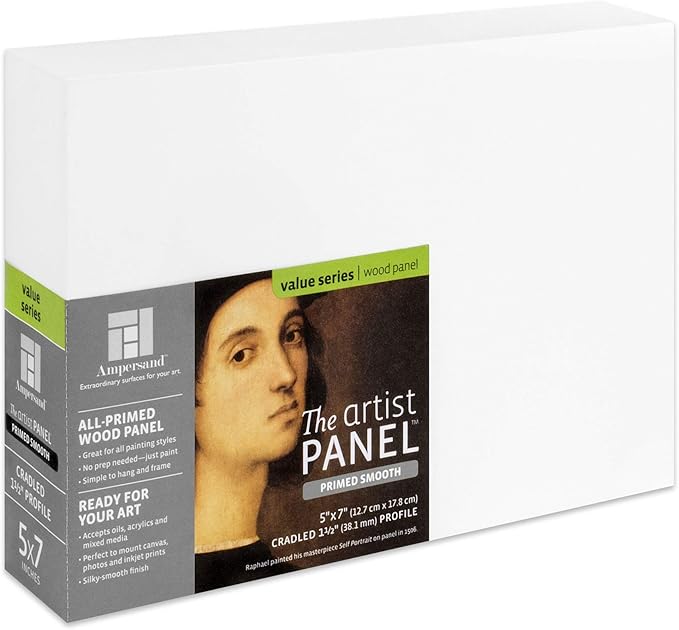 Ampersand Art Supply Wood Gesso Artist Painting Panel: Primed Smooth, 5" x 7", 1-1/2" Cradled Profile