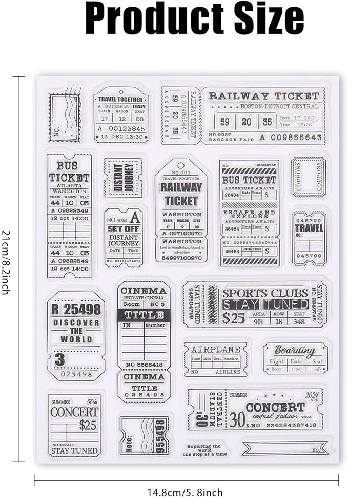 GLOBLELAND Retro Travel Ticket Clear Stamps for Cards Making Vintage Movie Ticket Background Clear Stamp Seals 5.83x8.27inch Transparent Stamps for DIY Scrapbooking Photo Album Journal