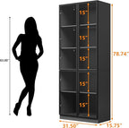 Wooden Display Storage Cabinet with Glass Door, LED Lights,Showcase for Collections, Perfume, Vinyl Albums, Bookcase for Home Office, Living Room, Clinic, Pantry (5 Layers-Black)