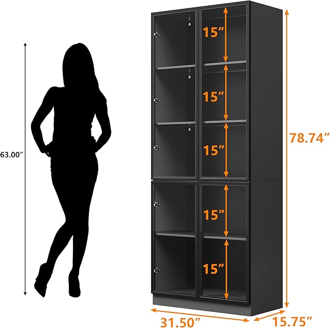 Wooden Display Storage Cabinet with Glass Door, LED Lights,Showcase for Collections, Perfume, Vinyl Albums, Bookcase for Home Office, Living Room, Clinic, Pantry (5 Layers-Black)