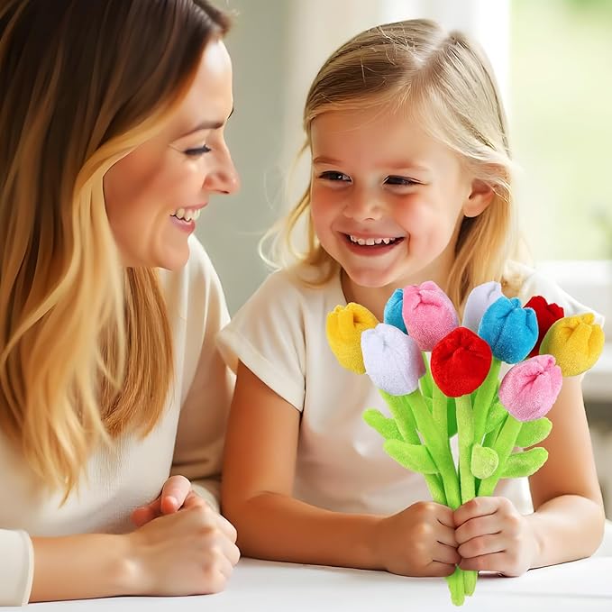 10 Pcs Plush Tulips Flower Stuffed Bendable Stems Plush Bouquet Toy Soft Rose Flower 12.6 Inch for Christmas 2025 Mother's Day Girl Girlfriend Wife(10 Pcs Colorful Tulip Series)