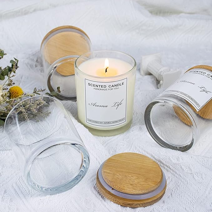 Creahaus 10oz, 16 Pack Thick Candle Jars with Bamboo Lids for Making Candles, Bulk Clear Empty Glass Candle Containers & Sticky Labels, Warming Labels Kit, Heat Resistant Candle Vessels