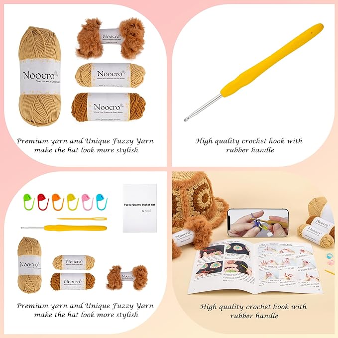 Noocro Crochet Kit for Beginners or Intermediate Level, Fuzzy Granny Square Bucket Hat, Step by Step Video Tutorial, Detailed Instruction Complete Kit Craft Supplies Holiday Gift