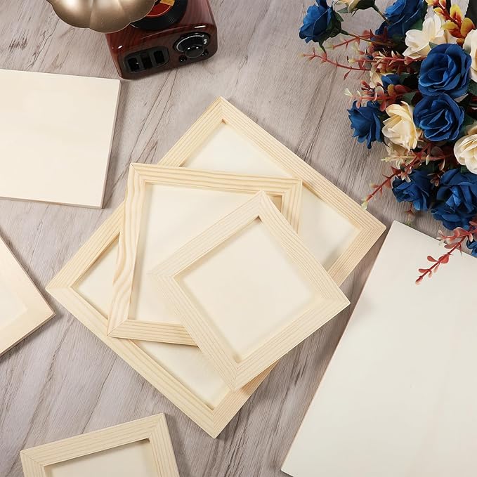 12 Pack Wood Canvas Boards Unfinished Square Wood Panels Paint Pouring Panels for Pouring Art, Crafts, Painting, and Decor, 9x7.5Inch/6x6Inch/4.7x4.7Inch