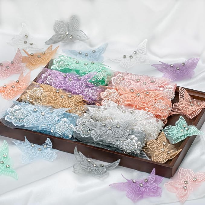 Flower Pearl Fabric Rhinestones Beaded Lace Applique,3D Butterfly Embroidered Lace Patch for Clothes,Dress (Orange)