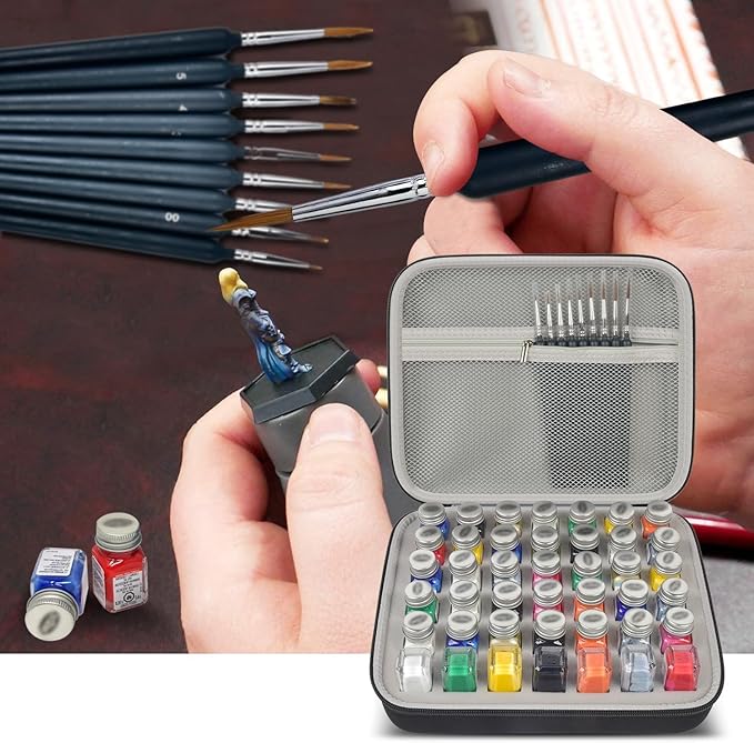 ALKOO Model Paint Storage Case for Testors Paint Set, Paints Organizer Carrying Bag Holds 42 Bottles with 9 Fine Detail Miniatures Brushes, Enamel Container, Drawing Ink Holder- Box Only (Grey)