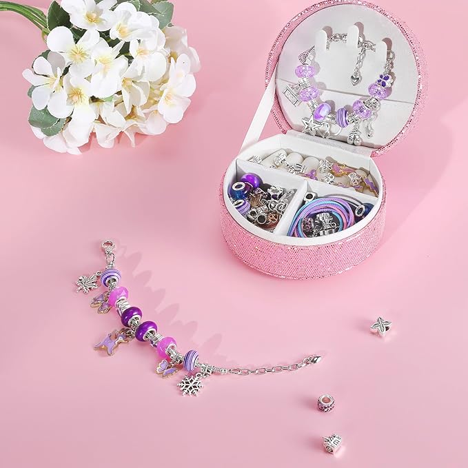 Emibele Girls Charm Beads Bracelet Making Kit with Portable Jewelry Box, Jewelry Making Kit for Kids Age 5 6 7 8-12, DIY Arts Crafts Toys for Teens Girls Gift Choices on Birthday Valentines Christmas