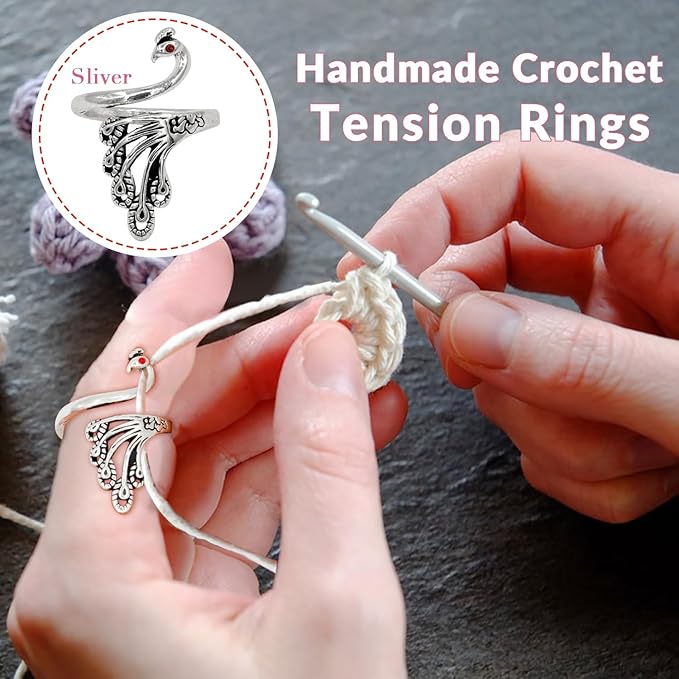 LBU 4Pcs Crochet Ring + 60Pcs Stitch Markers Adjustable Crochet Tension Rings for Finger Yarn Tension Guide Rings Crocheting Knitting Accessories with Box Gifts for Crocheters Knitters(Peacock)
