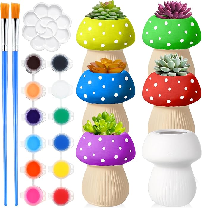 Pasimy 6 Set DIY Ceramic Succulent Planter Pots Paint Your Own Flower Pots Craft Kit Unpainted Bisque Paintable Flowerpot with Brush Palette Ready to Paint for Family Activity Gift(Mushroom)