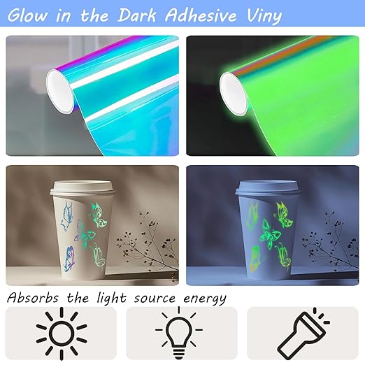 Glow in The Dark Vinyl 12" x 10 ft Permanent Adhesive Vinyl Holographic Iridescent Vinyl Opal White Glow Green for Wrap, Stickers, Decal, Lettering, DIY Crafts Decor