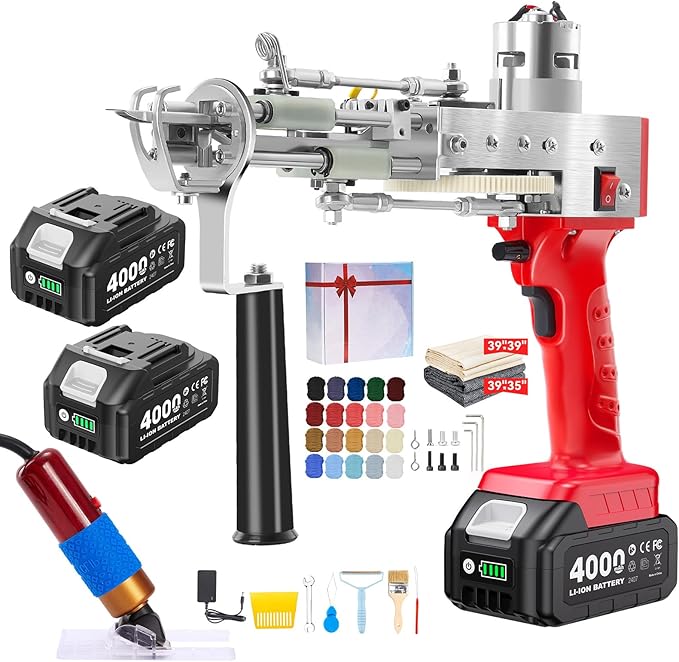 BESGEER Cordless Rug Tufting Gun with Carpet Trimmer Kit, Tufting Gun Starter Kit with 2pcs 4.0Ah Batteries，2 in 1 Cut Pile and Loop Pile Tufting Gun, with Tufting Cloth and Yarn Beginners