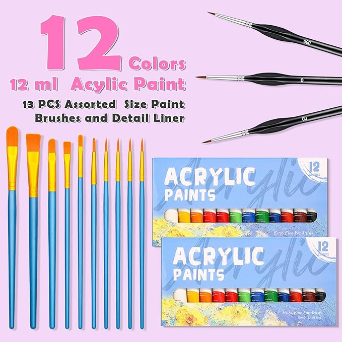 Date Night Painting Kit, 62 Pcs Detail Paint Brushes Canvas Panels with Wood Easel 12 Colors Acrylic Paint, Circular Canvas Art Aprons Sip and Paint Supplies for Adults, Kids, and Beginner