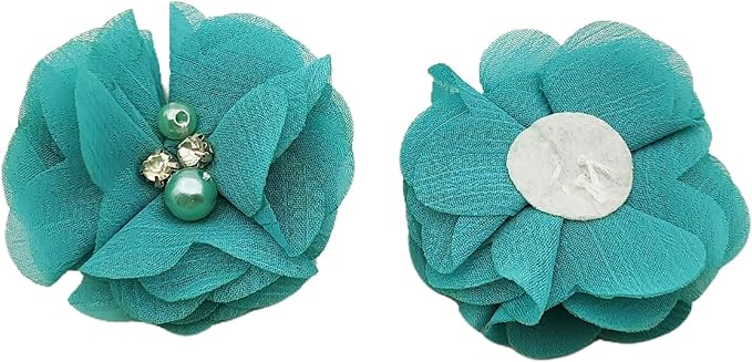 10 PC Blue Rhinestone Pearl Lace Petal Fabric Flowers Sewing Applique, 2.3 Inch