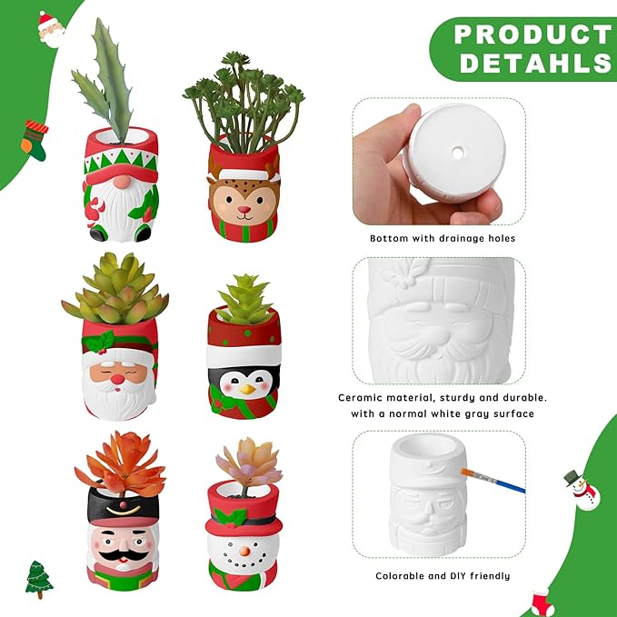 6 Pcs Christmas Ceramics Succulent Planters - Ready to Paint Your Own Garden Statues, DIY Paintable Ceramics Figurines Kit Crafts with Brush Palette for Adults Boys Girls (4.3 inch)