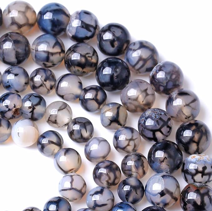 10MM Black Dragon Vein Agate Stone Beads Natural Gemstone Round Loose Beads for Jewelry and Bracelets Making 72pcs 2 Strands 32"