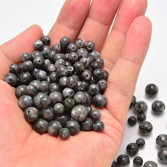 NCB 200pcs 6mm Black Larvikite Loose Beads for Jewelry Making, Natural Semi Precious Beads Round Smooth Gemstones Spacer Beads Charms for Necklaces Bracelets (Black Larvikite, 6mm 200Beads)