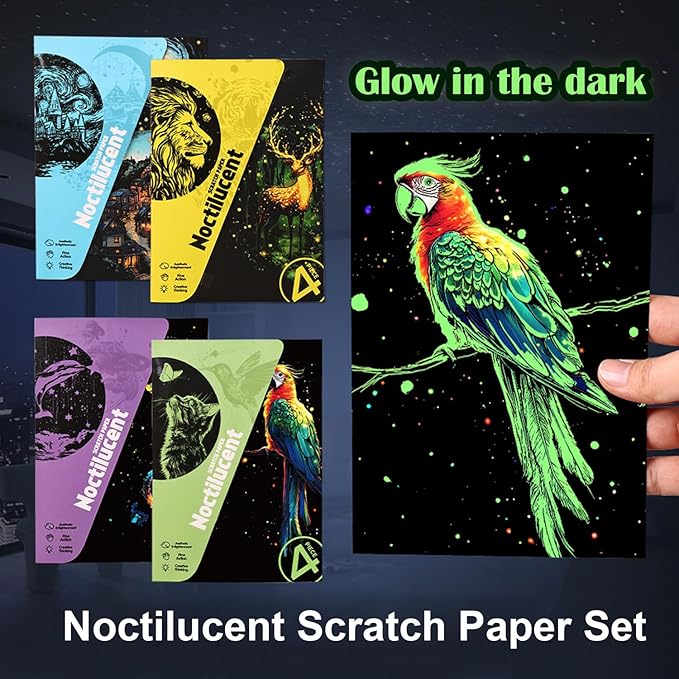 Georgie Porgy Scratch Paper Art Set for Kids Adults Magic Rainbow Scratchboards for DIY Arts and Crafts Kits Christmas Birthday Gift with Scratching Tools Kit (A5-Noctilucent Elf + Forest Animals)