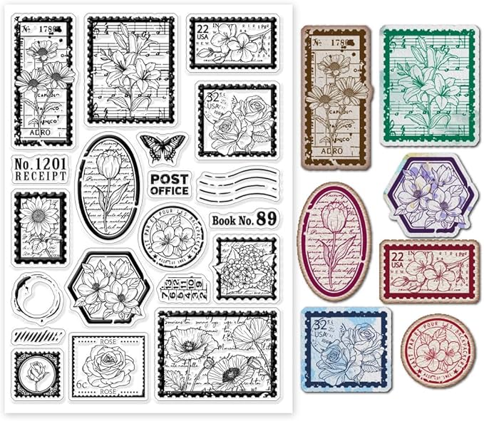 GLOBLELAND Vintage Flower Stamp Clear Stamps for DIY Scrapbooking Butterfly Postmark Silicone Stamp Seals Transparent Stamps for Cards Making Photo Album Journal Home Decoration 8.27×5.83inch
