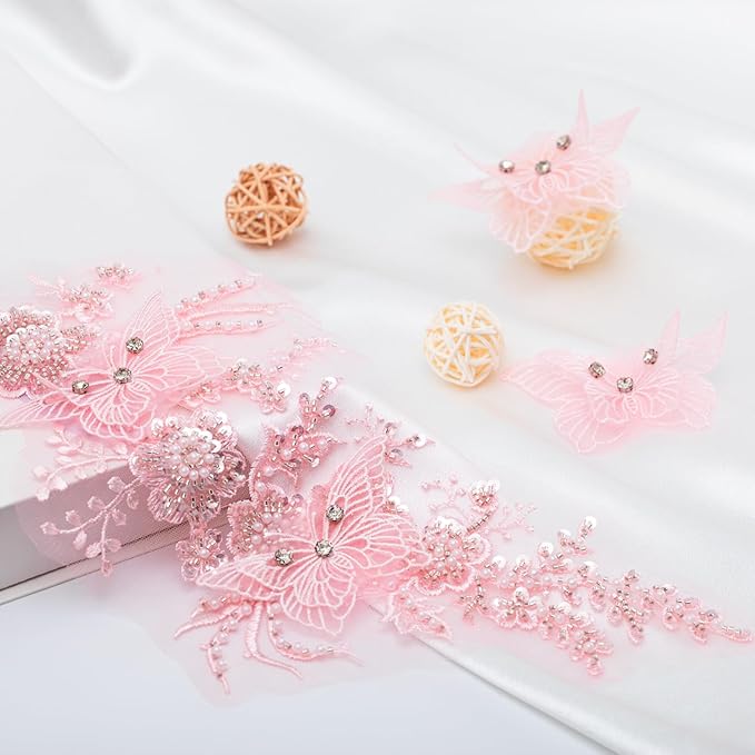 Flower Pearl Fabric Rhinestones Beaded Lace Applique,3D Butterfly Embroidered Lace Patch for Clothes,Dress (Pink)
