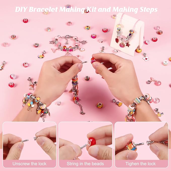 YJK Charm Bracelet Making Kit, 5-12 Year Old Girl Birthday Gifts, 133 Pcs DIY Beaded Jewelry Making Kit with Jewelry Box, Creative Crafts for Girls, Charm Necklace Making kit for Girls (Red & Pink)