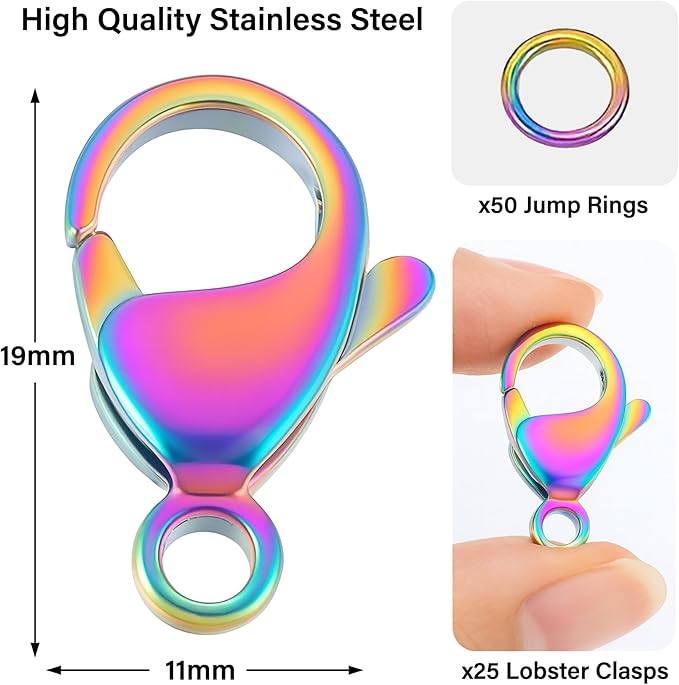 Mandala Crafts 19mm Rainbow Stainless Steel Lobster Clasps for Jewelry Making - 25 PCs SS Lobster Claw Clasps with Jump Rings Jewelry Findings Kit for Necklaces Bracelets Charms Fasteners
