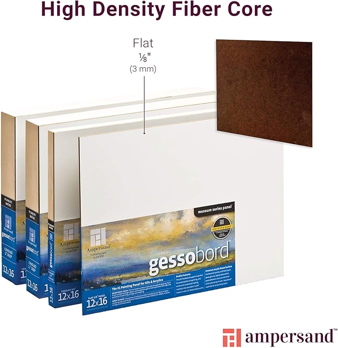 Ampersand Art Supply Gesso Wood Painting Panel: Museum Series Gessobord, 6" x 6", 1/8" Flat Profile, Pack of 4