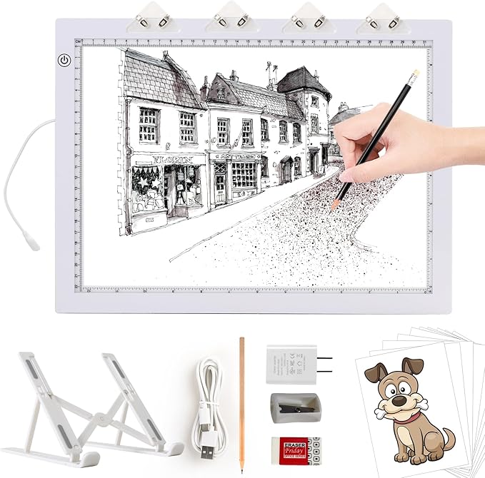 A4 Light Pad with Foldable Stand, UL Certified Adapter, 8000 Lux Super Bright Ultra Thin Pad for Cricut Weeding Vinyl, Artist Drawing Light Box/Board/Table for Tracing, Sketching - White