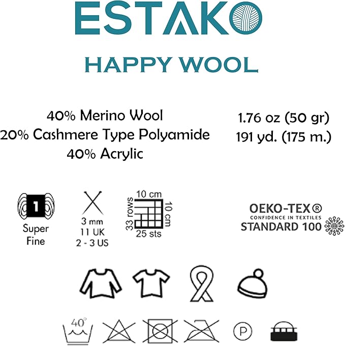 Estako Happy Wool (6 Skeins Pack) 40% Merino Wool 20% Cashmere Type Polyamide 40% Acyrlic Fingering Weight Soft Knitting and Crochet Yarn (6 x 1.76 oz) (6 x 191 yds) (8015 - Violet)